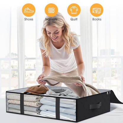 Under Bed Storage Bins, 3-Pack 40L Foldable Fabric Storage Bags with Transparent Window, Breathable Organizer for Clothes/Blanket/Comforter/Quiltr, Black