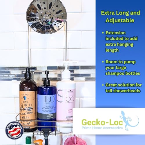 Extra-Long Adjustable Over-the-Showerhead Shower Caddy – Rustproof Stainless Steel Organizer with Suction Stabilizer, Deep Basket & Hooks – No-Drill, Tool-Free Installation (Silver)