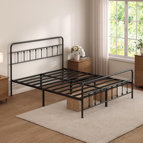 Queen Size Black Metal Bed Frame with Headboard and Footboard, 12 Inch Underbed Storage Space, Heavy Duty Mattress Foundation with Steel Slat Support No Box Spring Needed