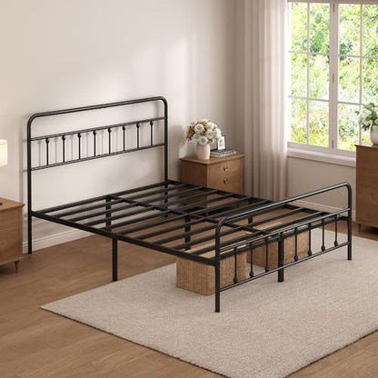 Queen Size Black Metal Bed Frame with Headboard and Footboard, 12 Inch Underbed Storage Space, Heavy Duty Mattress Foundation with Steel Slat Support No Box Spring Needed