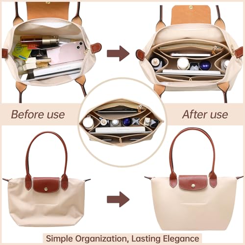 OPPOSHE Purse Organizer Insert for Longchamp Le Pliage, Premium Felt Long Champ Bag Handbag Women, Tote Organizer Insert with 9 Compartments (Large, Beige)