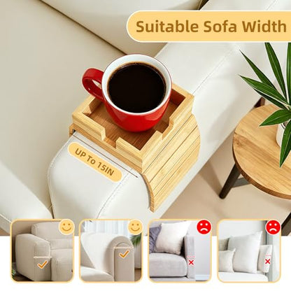 Bamboo Couch Cup Holder – Non-Slip Armrest Tray for Recliner & Loveseat – Large Caddy for Drinks, Cell Phone, and TV Remote(Large)