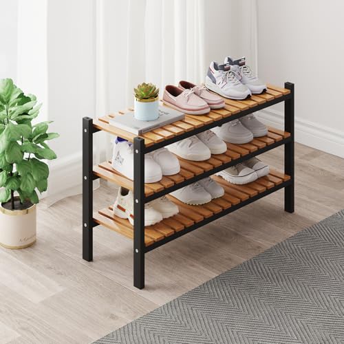 Bamboo Shoe Rack Organizer for Closet and Entryway - Space-Saving Narrow Shoe Stand - Versatile Shoe Holder for Door or Closet Shelf, Garage Bedroom can Freely Stack DIY Small Shoe Racks 3 Tier