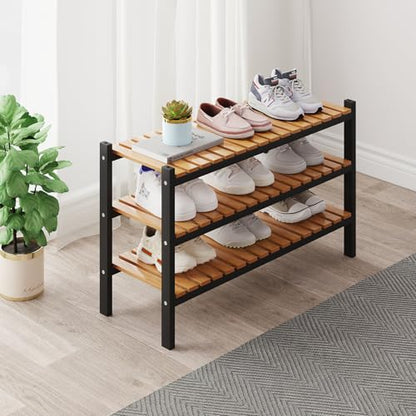 Bamboo Shoe Rack Organizer for Closet and Entryway - Space-Saving Narrow Shoe Stand - Versatile Shoe Holder for Door or Closet Shelf, Garage Bedroom can Freely Stack DIY Small Shoe Racks 3 Tier