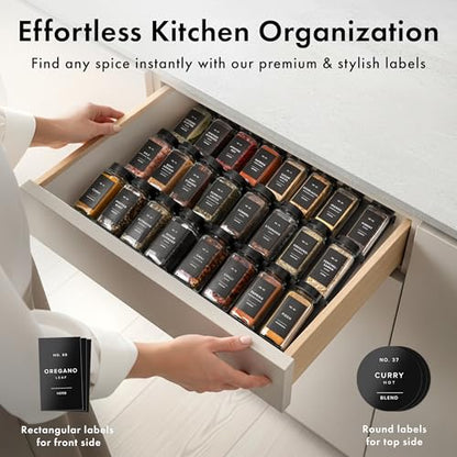Glass Spice Jars with Label, Seasoning Set, 24x Black Steel Lids