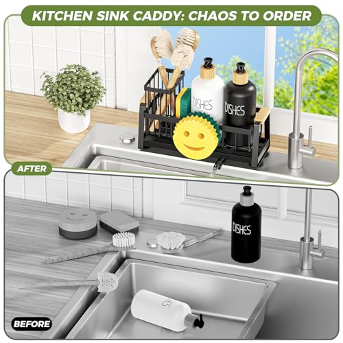 Sponge Holder for Kitchen Sink, Sink Caddy Organizer with Dish Brush Holder, Sink Organizer Rack with Suction Cups, Smiley Face Sponge Caddy Self Drain for Soap Dispenser Storage Accessories