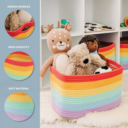 OrganiHaus Rainbow Baskets for Shelves, Set of 3, 15x9x10 | Colorful, handwoven cotton rope; a toy bin for playroom, classroom, or girls' room decor; great for nursery too