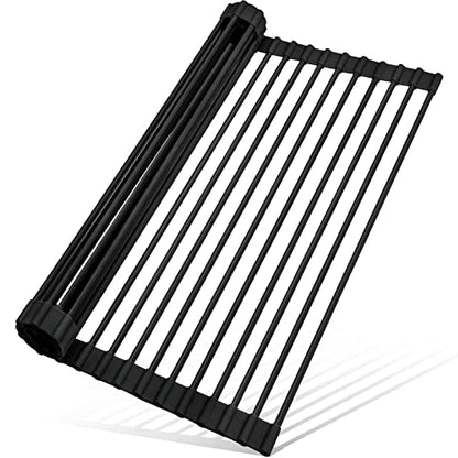 Roll Up Dish Drying Rack Silicone Wrapped Over The Sink Dish Drying Rack Multipurpose Foldable Sink Drying Mat Anti-Slip & Anti-Rust Dish Rack for Kitchen, 17.5" x 13", Black