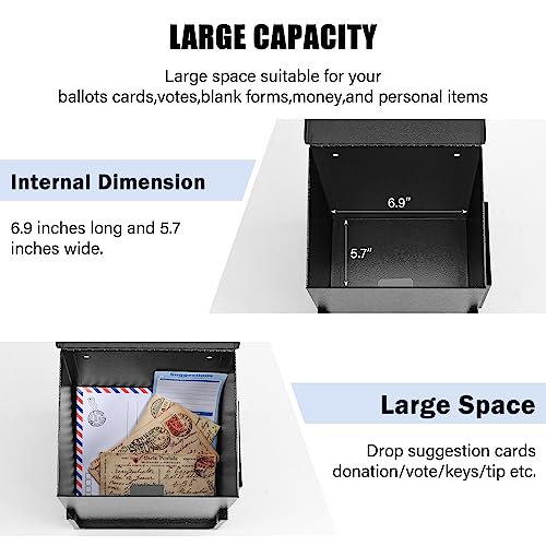 Suggestion Box with Key Lock Acrylic Sign Holder, Metal Donation Ballot Drop Box with Slot Tip Jar for Office, Fundraising, Church, School,8.9''x7.1''x6.3'', Black
