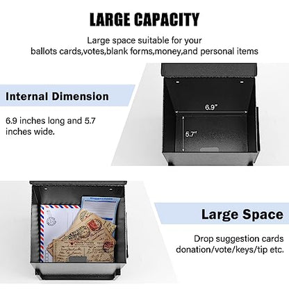Suggestion Box with Key Lock Acrylic Sign Holder, Metal Donation Ballot Drop Box with Slot Tip Jar for Office, Fundraising, Church, School,8.9''x7.1''x6.3'', Black