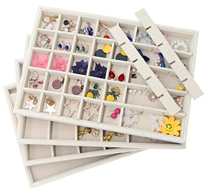 Stratalife 40 Grid Velvet Jewelry Organizer Tray, 13.8" x 9.4" x 1.2" | Stackable Drawer Earring Organizer with Adjustable Dividers, Jewelry Display Tray for Necklace Earring Ring Studs, Beige