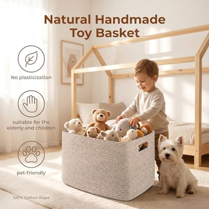 OIAHOMY 75L Large Blanket Basket, 22”x17”x12” Woven Cotton Rope Storage Basket with Handle for Organizing Blanket and Toys for Living Room, Nursery, Brown Variegated