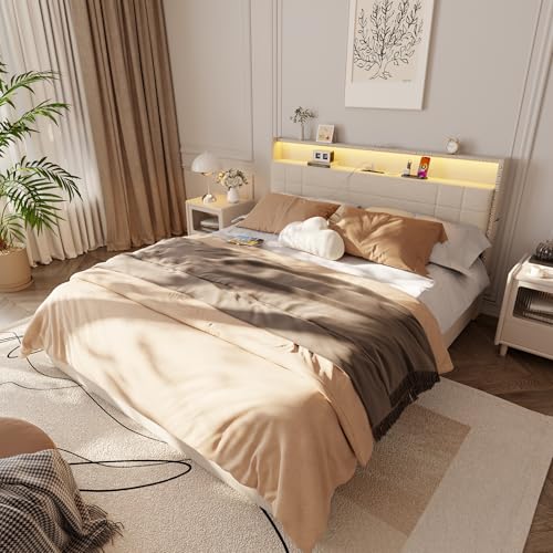 Forestell Queen Bed Frame with 4 Drawers & Storage Headboard, Beige