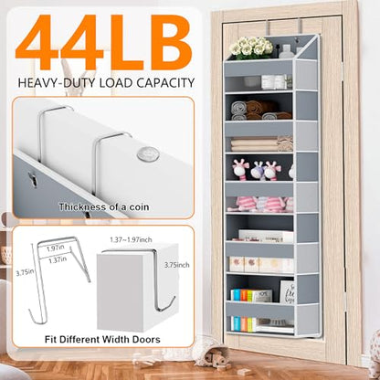 Over The Door Organizer - Over Door Storage Organizer with 5 Large Pockets & 10 Mesh Side Compartments - Heavy-Duty Hanging Storage for Bathroom, Bedroom & Closet - Baby Room Organize - Grey
