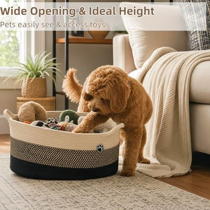 Optish 40L Extra Large Dog Toy Basket, XL Toy Storage Box and Bin with Handles, 20" x 14" x 9" Woven Cotton Rope Foldable Basket for Blankets, Living Room, Bedroom, Home Decor, Black & Brown