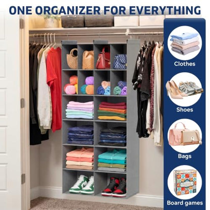 6 Tier Hanging Closet Organizer, 16 Compartments Dual Row Storage, Grey | Closet Organizers and Storage with Large & Small Pockets, 3 Sturdy Hooks Support Heavy Loads, Ideal for Dorm, Garment Rack