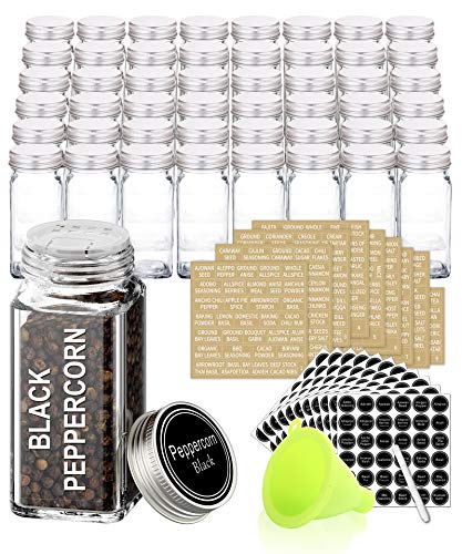 SWOMMOLY 48 Pcs 4 oz Glass Spice Jars with Shaker Lids and 703 Spice Labels | Empty Spice Containers with Airtight Lids, Chalk Marker, Funnel - Square Seasoning Bottles for Spice Racks, Cabinets, Drawers