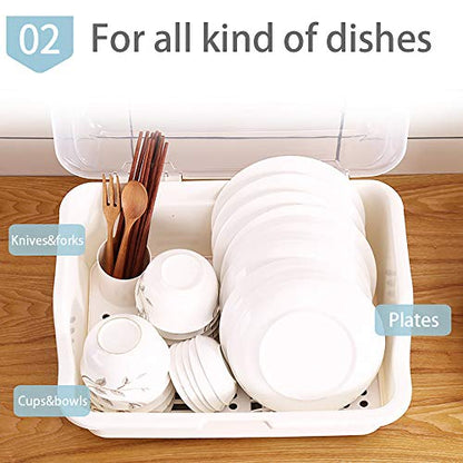 Tomorotec Medium Size Dish Drying Rack & Drain Board with Lid Cover, White | Kitchen Counter Drainer with Dust-Proof Clear Cover, Detachable Design with Utensil Holder, Plate Cup Tray Cutlery Drainer