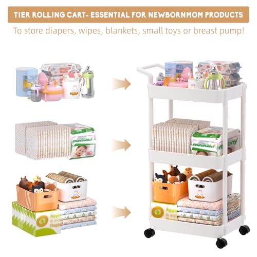 Baby Diaper Caddy, Plastic Movable Cart for Newborn Nursery Essentials Diaper Storage Organizer for Changing Table & Crib, Easy to Assemble, Baby Registry, Off-White