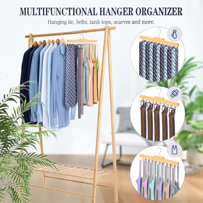 2PC Tie Rack Hanger for Closet, Upgraded Tie Holder Organizer for Men, Wood | Non Slip Neck Tie Organizer with 20 Foldable Hooks, Belt Hanger Space Saving, Fits for Tank Tops Bras Cami Scarves