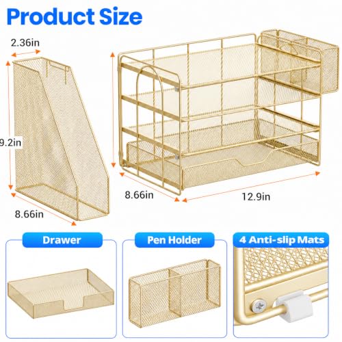Desk Organizers and Accessories, 4-Tier Desktop File Organizer with Drawer and Pen Holders, Office Desk Accessories Workspace Organizers for Office Supplies (Gold)