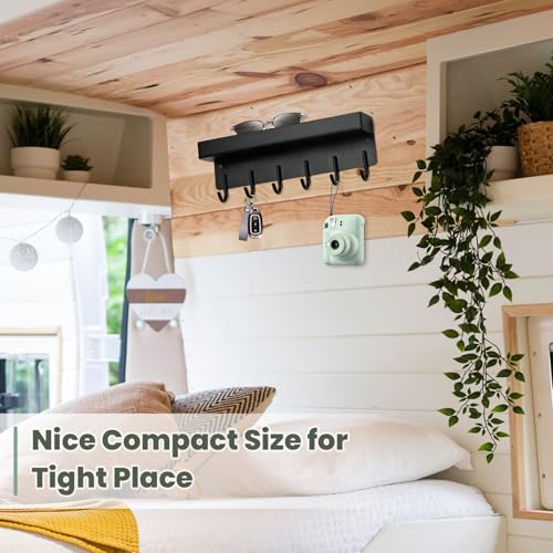 Magnetic Key Holder Wall Mount, Small Key Rack with Tray, Black | 2 Mount Options, Metal Material, 9.6 Inch, 6 Thin Hooks, Compact Design, Suits for Kitchen, Foyer, Entryway, Garage, Rv