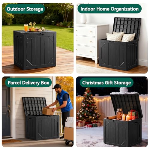 Outdoor Storage Box,30 Gallon Deck Box Outdoor Storage Bench Outside Waterproof Resin Storage Bench, Lockable Patio Cushions, Garden Tools Storage For Furniture, UV Resistant Black