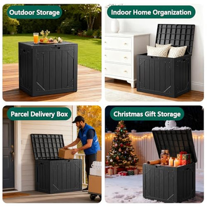 Outdoor Storage Box,30 Gallon Deck Box Outdoor Storage Bench Outside Waterproof Resin Storage Bench, Lockable Patio Cushions, Garden Tools Storage For Furniture, UV Resistant Black