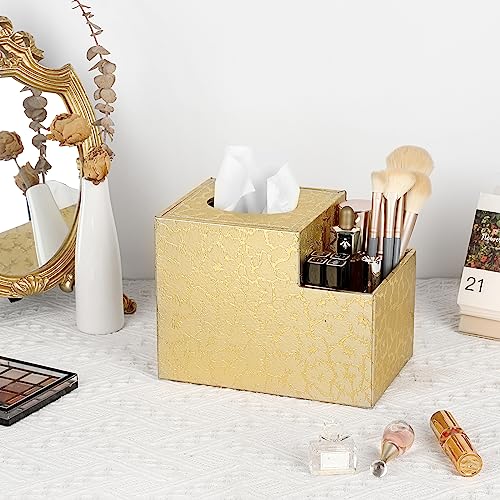 Sumnacon Square Leather Tissue Box Cover - PU Cube Tissue Box Holder with Side Organizer, Decorative Tissue Box for Living Room Vanity Night Stand Desk Countertop Office, Gold