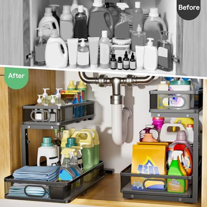 Under Sink Organizer 2 Pack, High Adjustable 2 Tier Under Sink Organizers and Storage, Slide out Metal Cabinet Organizers, Pull out Storage Drawer Shelf for Kitchen Bathroom Cabinet (Black)