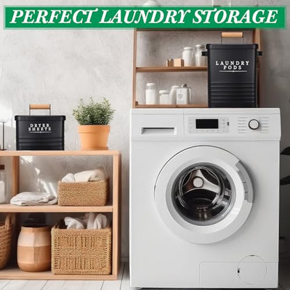 Yaocom 2 Pcs Laundry Pod Container with Dryer Sheet Holder Farmhouse Laundry Room Decor Organization and Storage Detergent Container Box with Lid Handle Metal Dryer Sheet Dispenser(Black)