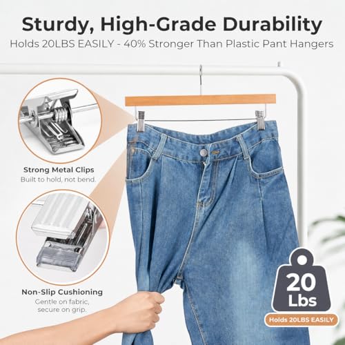 HOUSE DAY Wooden Pants Hangers with Clips, 10 Pack Skirt Hangers, Natural | 14-Inch Wood Hangers with Adjustable Non-Slip Metal Clips & 360° Swivel Hooks, Heavy Duty for Jeans, Slacks, Trousers, Shorts