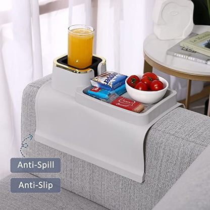Couch Cup Holder Tray – Weighted Silicone Sofa Armrest Organizer Table with Anti-Spill Coaster, Easy Reach for Drink, Snacks, Remote & Phone, Non-Slip Base, Easy Clean