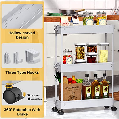 SPACEKEEPER Slim Rolling Storage Cart, 3 Tier Bathroom Cart Organizer, Gray | Narrow Rolling Cart with Wheels for Kitchen Office Bathroom Laundry Room,Mobile Utility Cart for Craft Art Makeup Nail Polish
