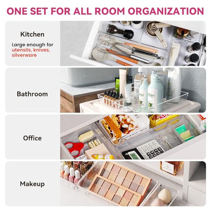 Large Drawer Organizer Bins 26 Pack | Complete 5 Size Clear Plastic Kitchen Drawer Organizers for Utensils | Bathroom Drawer Organizer Trays | Versatile for Makeup Office Organization