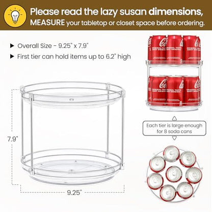 2 SET 2 Tier Non-Skid Acrylic Lazy Susan Organizer - Rotating Spice Rack - Turntable Spinning Organization for Kitchen, Pantry, Countertop, Closet, Bathroom, Vanity, Medicine Cabinet Organizing,9.25''