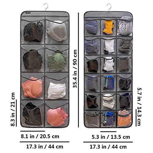 Dual-Sided Hanging Closet Organizer for Socks Underwear Bra Kids Storage Organizer for Baby Clothes Toddler Shoes with 26 Pockets (Grey-Clear Pockets)