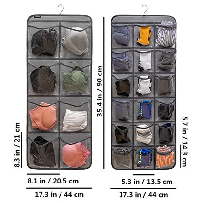 Dual-Sided Hanging Closet Organizer for Socks Underwear Bra Kids Storage Organizer for Baby Clothes Toddler Shoes with 26 Pockets (Grey-Clear Pockets)