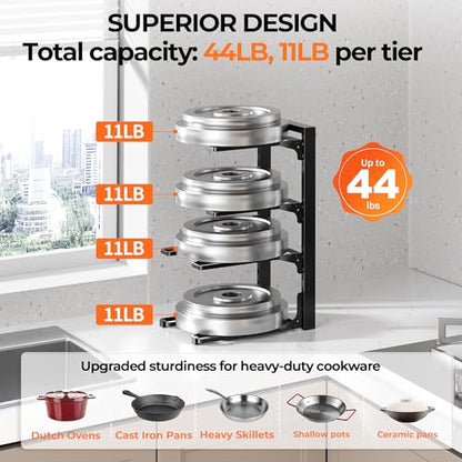 MUDEELA Pot and Pan Organizer Under Cabinet 15.75", 4-Tier Pot Rack, 1 Pack | Adjustable Tier, Tool-Free Assembly, Max 88 Lbs, Fits Cast Iron Pans, Skillets & Heavy Shallow Cookware, For Kitchen Cabinets
