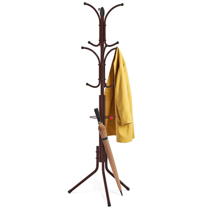 Coat Rack Freestanding,12 Hooks Metal Coat Racks with Umbrella Holder,Sturdy Hall Rree,Easy Assembly Coat Rack Stand for Hanging Scarf,Purse,Hats,Jacket(Brown)