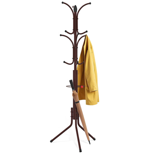 Coat Rack Freestanding,12 Hooks Metal Coat Racks with Umbrella Holder,Sturdy Hall Rree,Easy Assembly Coat Rack Stand for Hanging Scarf,Purse,Hats,Jacket(Brown)