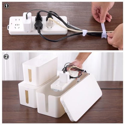 Tuwechen 3 Pack Cable Management Box, Cable Organizer Box to Hide Wires | Desk Cord Organizer with 18-Piece Cable Management, Power Strips Holder, for Home & Office, White