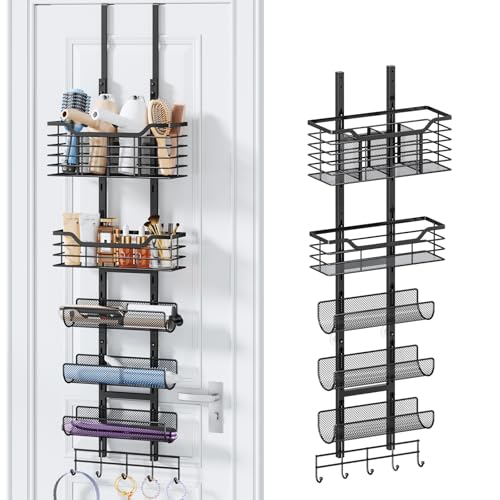 6-Tier Hair Tool Organizer - Hair Dryer Holder Over The Door/Wall Mounted DIY Adjustable Shelf Bathroom Door Organizer with Hook for Curling Iron/Blow Dryer/Straightener Black