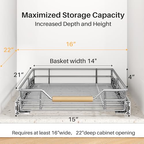 Pull out Cabinet Organizer, 15"W X 21"D, Heavy Duty Smooth Sliding Under Cabinet Shelves for Pots and Pans, Full-Extension Roll out Drawers, Slide out Organization for Home Kitchen Pantry