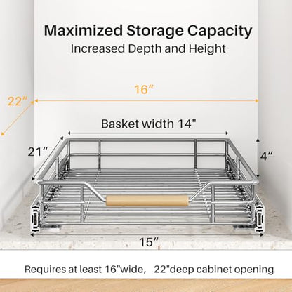 Pull out Cabinet Organizer, 15"W X 21"D, Heavy Duty Smooth Sliding Under Cabinet Shelves for Pots and Pans, Full-Extension Roll out Drawers, Slide out Organization for Home Kitchen Pantry