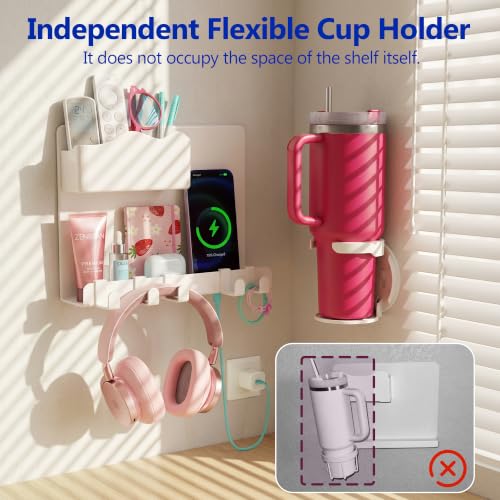 Bedside Wall Shelf for Teen Girls Dorm Room Essentials Bunk Bed Stuff | No Drill Floating Shelves with Cup Holder, Aesthetic Cute Girls Room Decor Aesthetic Stick Bedroom Accessories Organizer