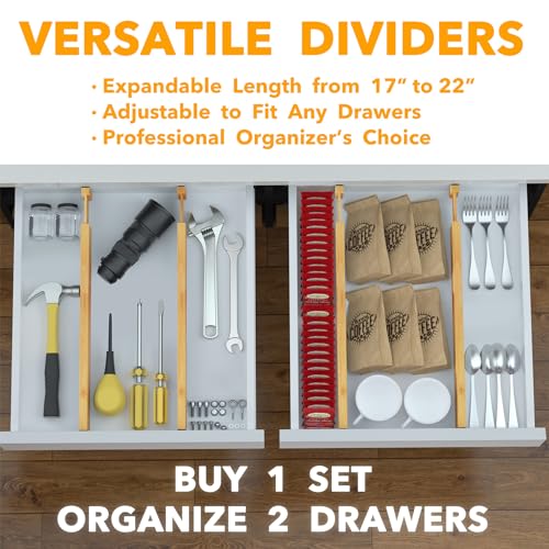 SpaceAid 4 Pack Bamboo Drawer Dividers with Labels, Kitchen Adjustable Drawer Organizers, Expandable Organization for Home Clothes Dressers (17-22 in, Natural)