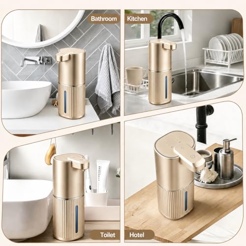 Automatic Soap Dispenser, Foaming Soap Dispenser Touchless with Continuous Dispensing, 4-Level Adjustable, Rechargeable Hand Soap Dispensers, Wall Mounted or Countertop for Bathroom & Kitchen