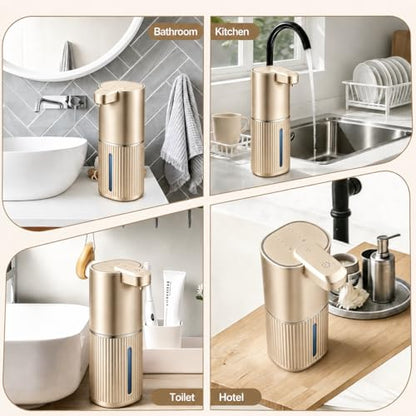Automatic Soap Dispenser, Foaming Soap Dispenser Touchless with Continuous Dispensing, 4-Level Adjustable, Rechargeable Hand Soap Dispensers, Wall Mounted or Countertop for Bathroom & Kitchen