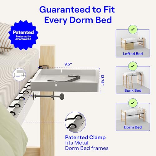 BedShelfie Wood Bedside Shelf for Dorm Room - White | Bunk Bed & Top Bunk, College Dorm Room Essentials, Loft Nightstand, Floating Bed Side Table Tray, By Smallish